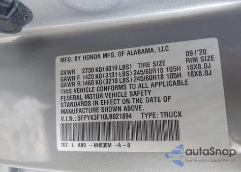 2020 Honda Ridgeline Awd Sport из США, поврежденный, VIN 5FPYK3F10LB021894